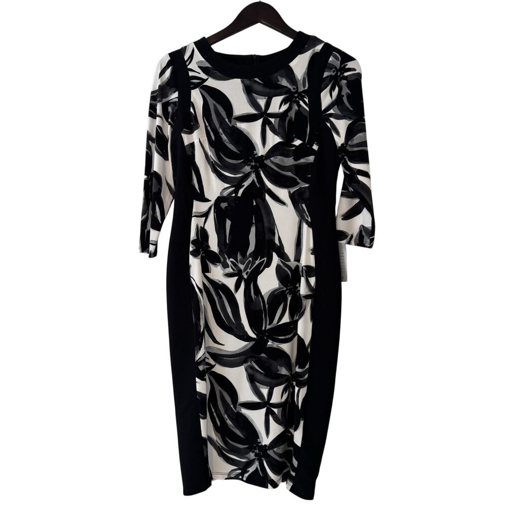 Maggy London 3/4 Sleeve Wiggle Dress Women's Sz 10 Petite Black White Leaves NWT